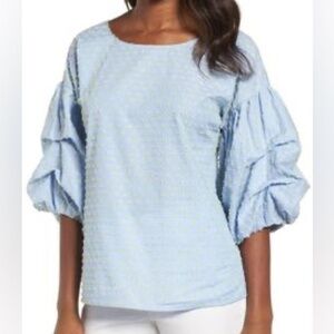 Halogen Nordstrom Swiss Dot Blouse Volume Sleeves, Blue w/Lime, Size 14/16